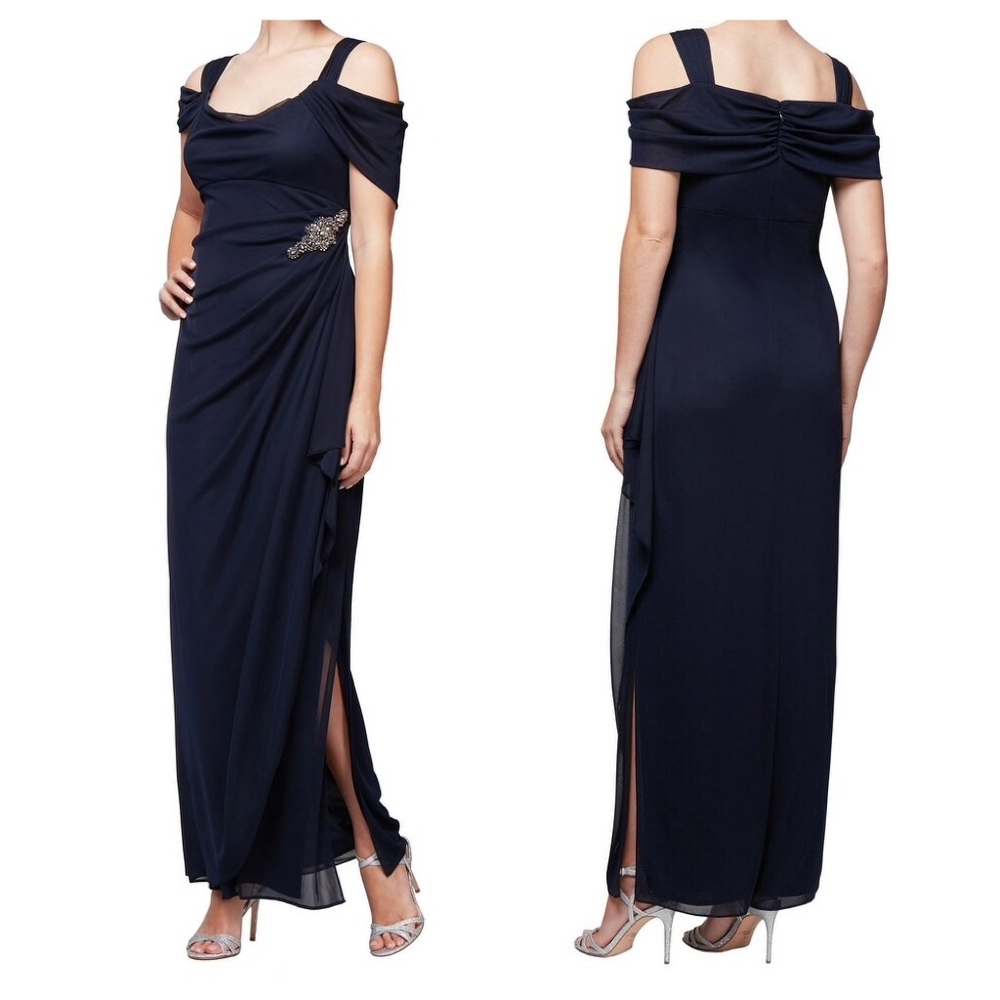 ALEX EVENINGS Navy Cowl Neck Cold Shoulder Gown Size 6!